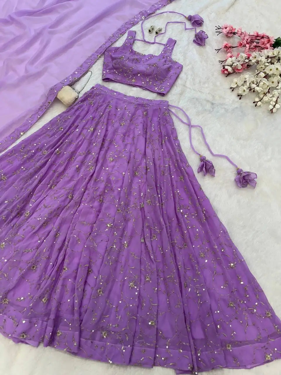Embroidered Georgette Sequins Lehenga Set with Dupatta