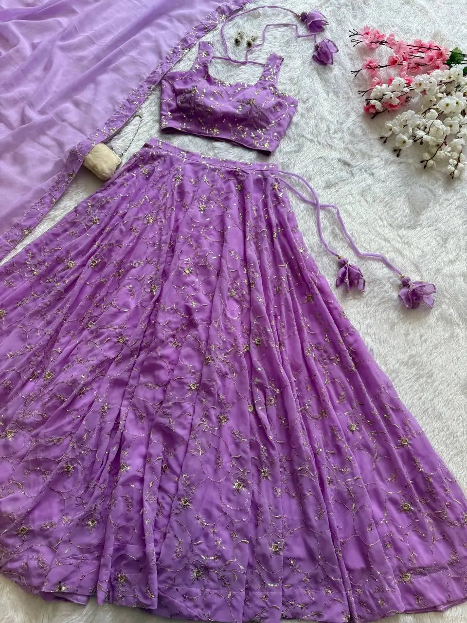 Embroidered Georgette Sequins Lehenga Set with Dupatta
