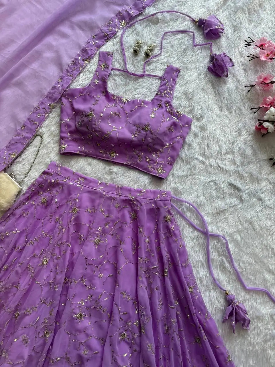 Embroidered Georgette Sequins Lehenga Set with Dupatta