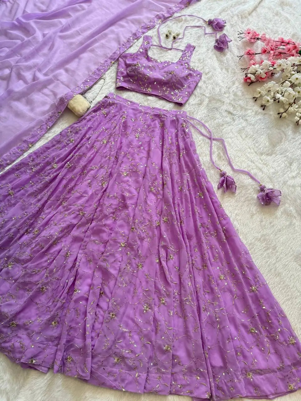 Embroidered Georgette Sequins Lehenga Set with Dupatta