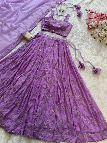 Embroidered Georgette Sequins Lehenga Set with Dupatta