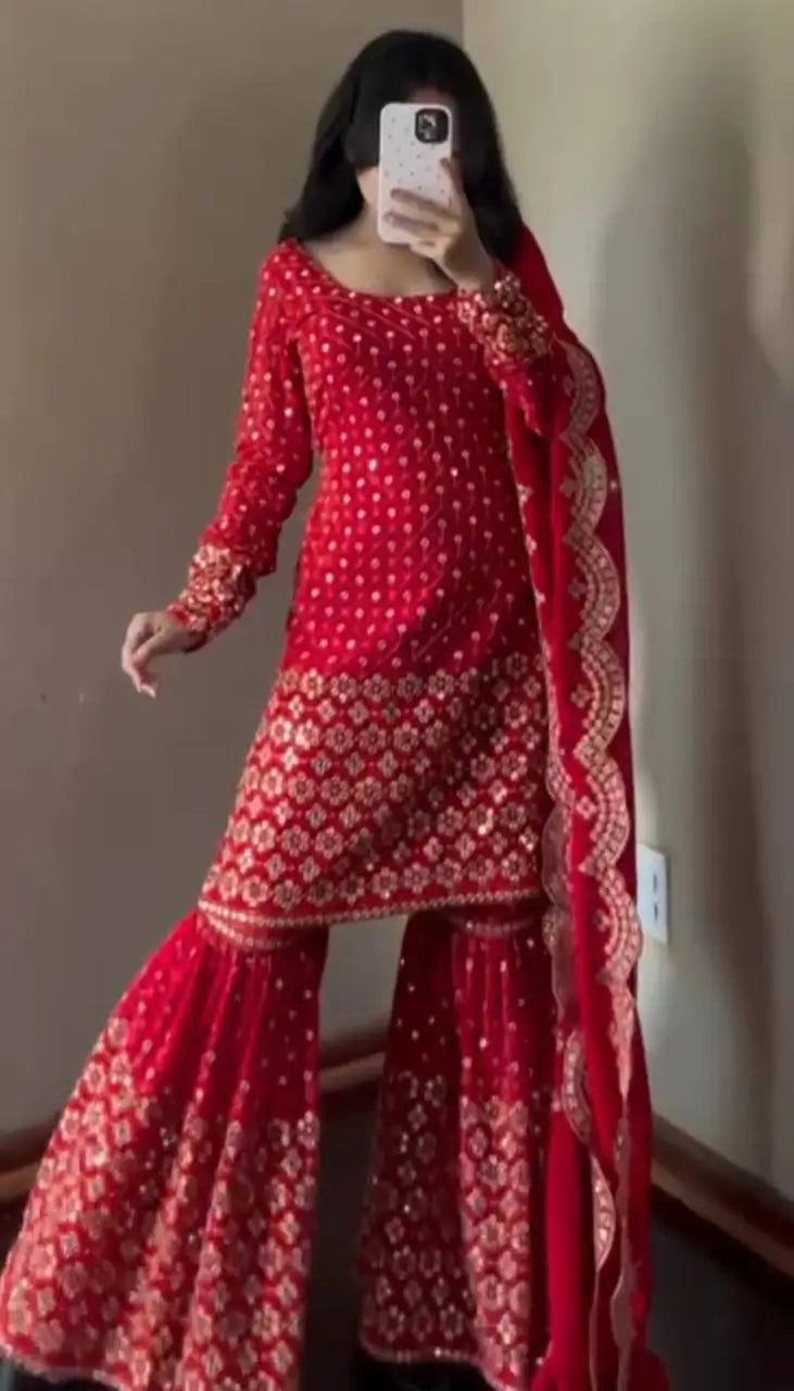 Embroidered Georgette Sharara Set with Dupatta