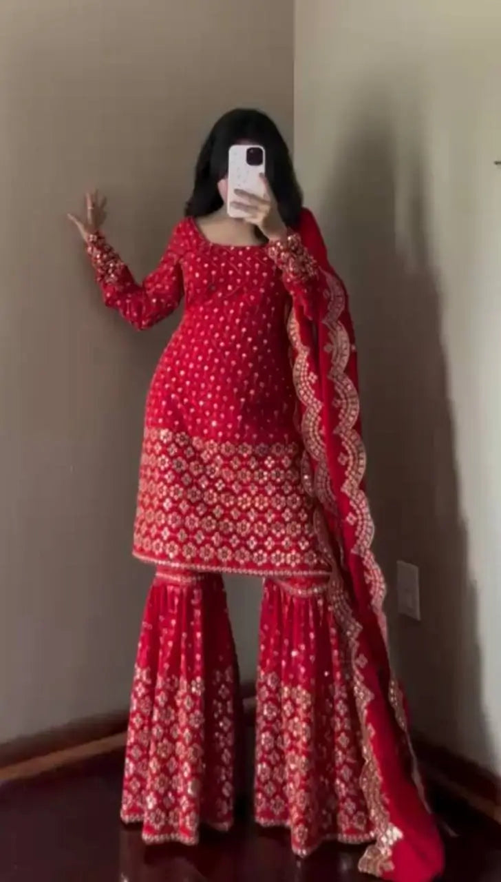 Embroidered Georgette Sharara Set with Dupatta