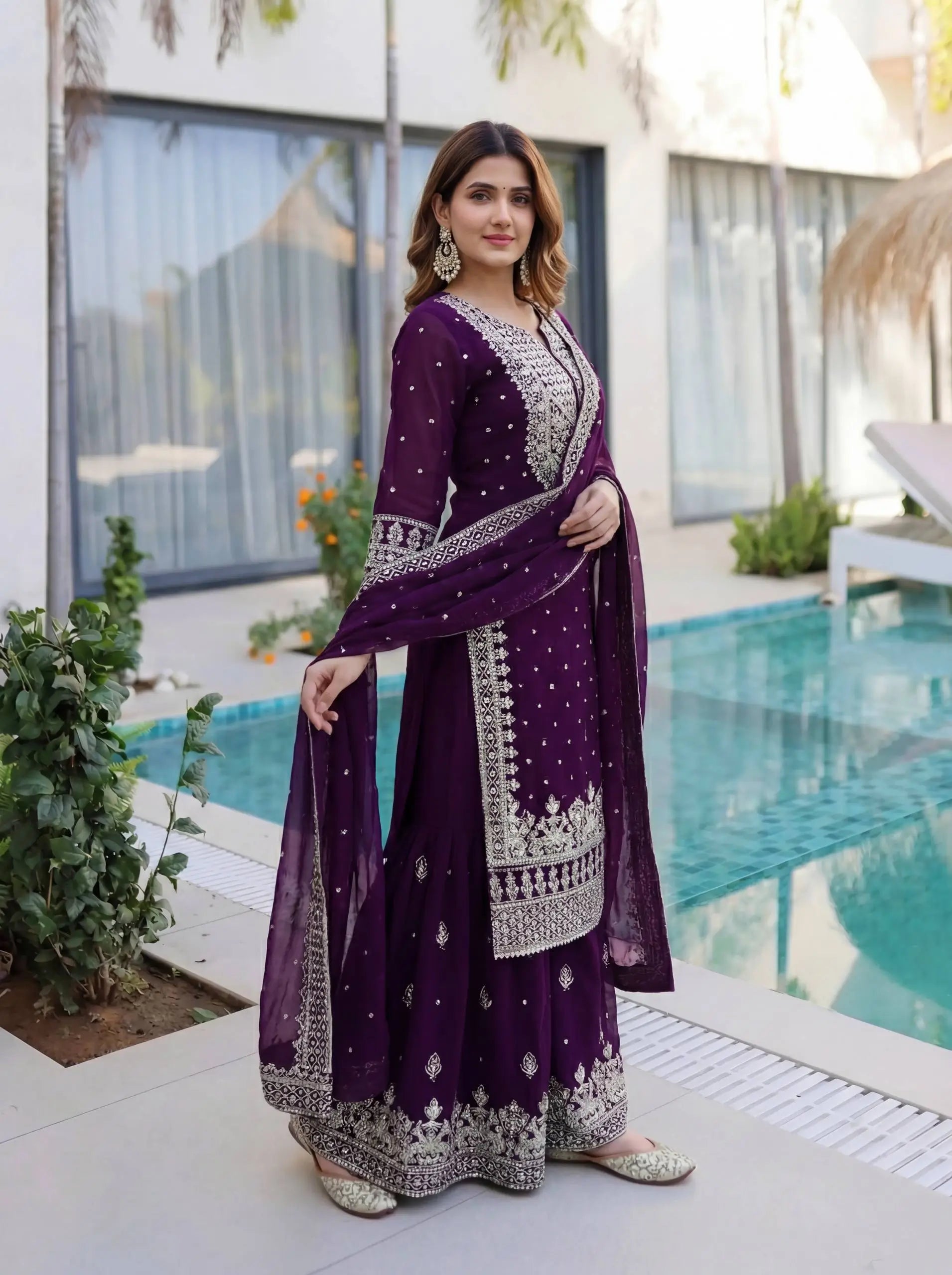 Embroidered Georgette Sharara Suit Set