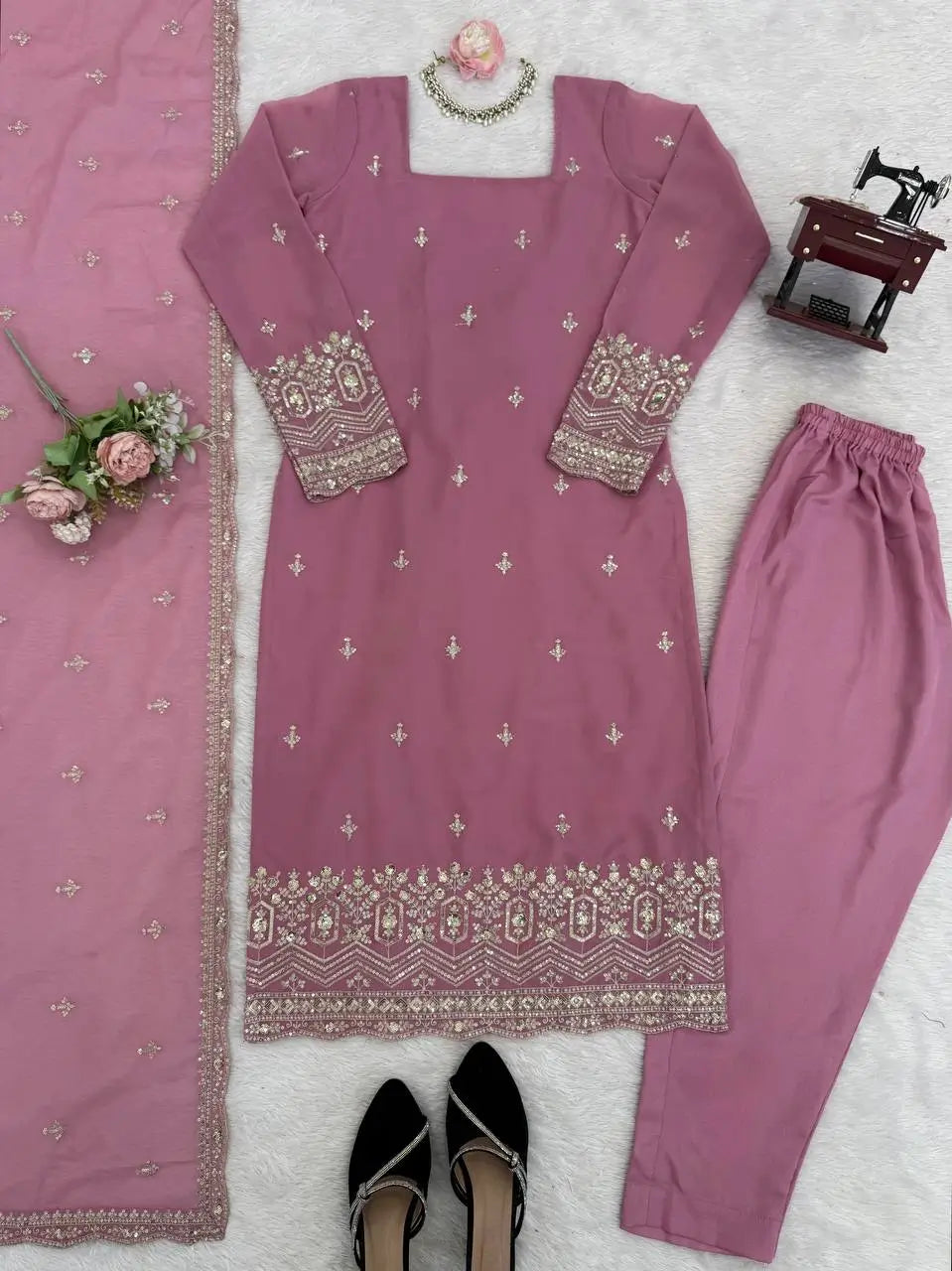 Embroidered Georgette Straight Suit Set