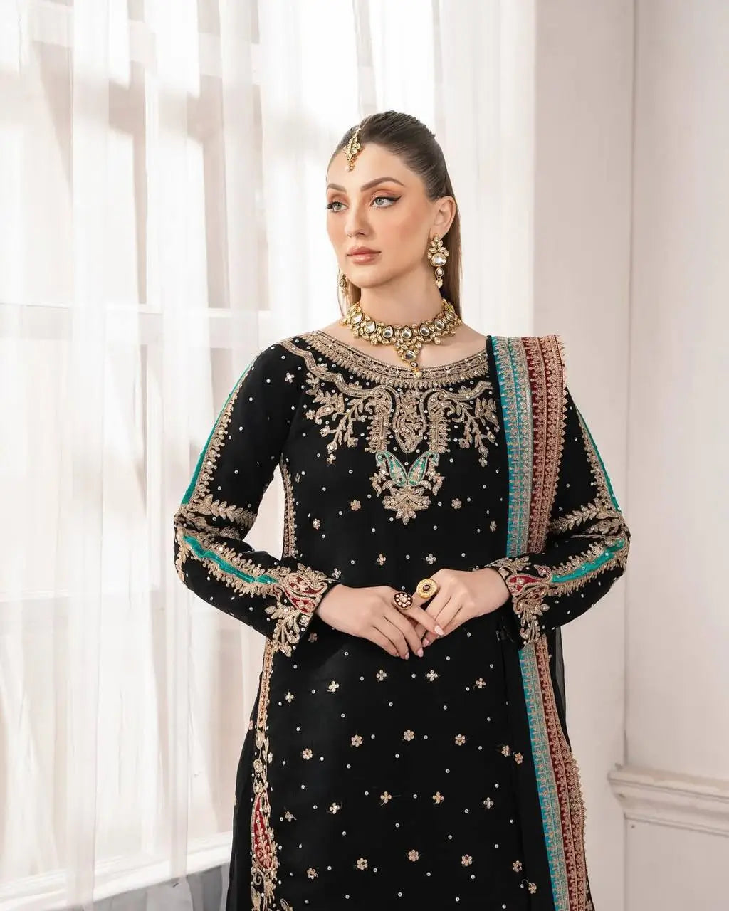 Embroidered Georgette Suit with Mirror Work and Dupatta