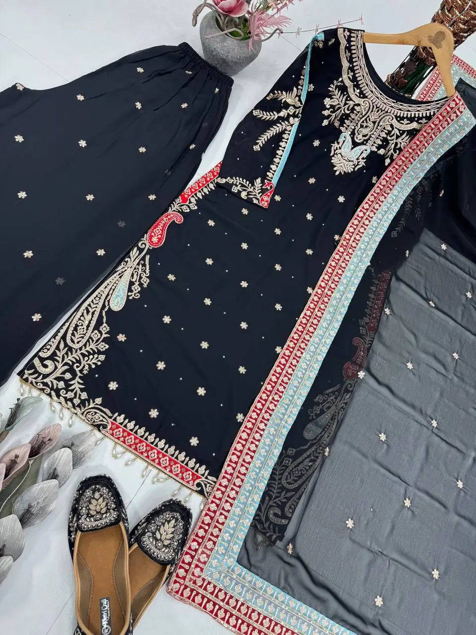 Embroidered Georgette Suit with Mirror Work and Dupatta