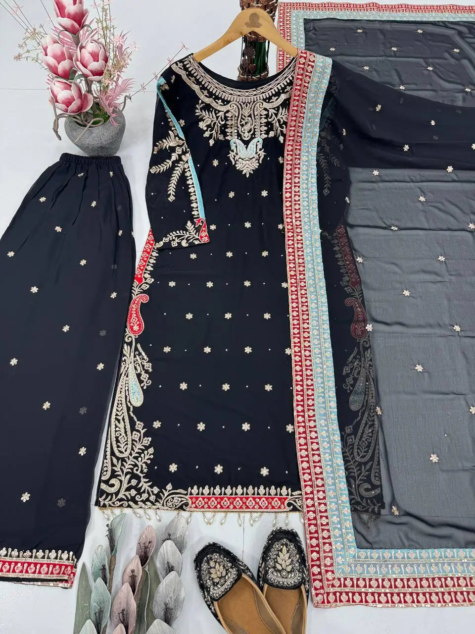 Embroidered Georgette Suit with Mirror Work and Dupatta