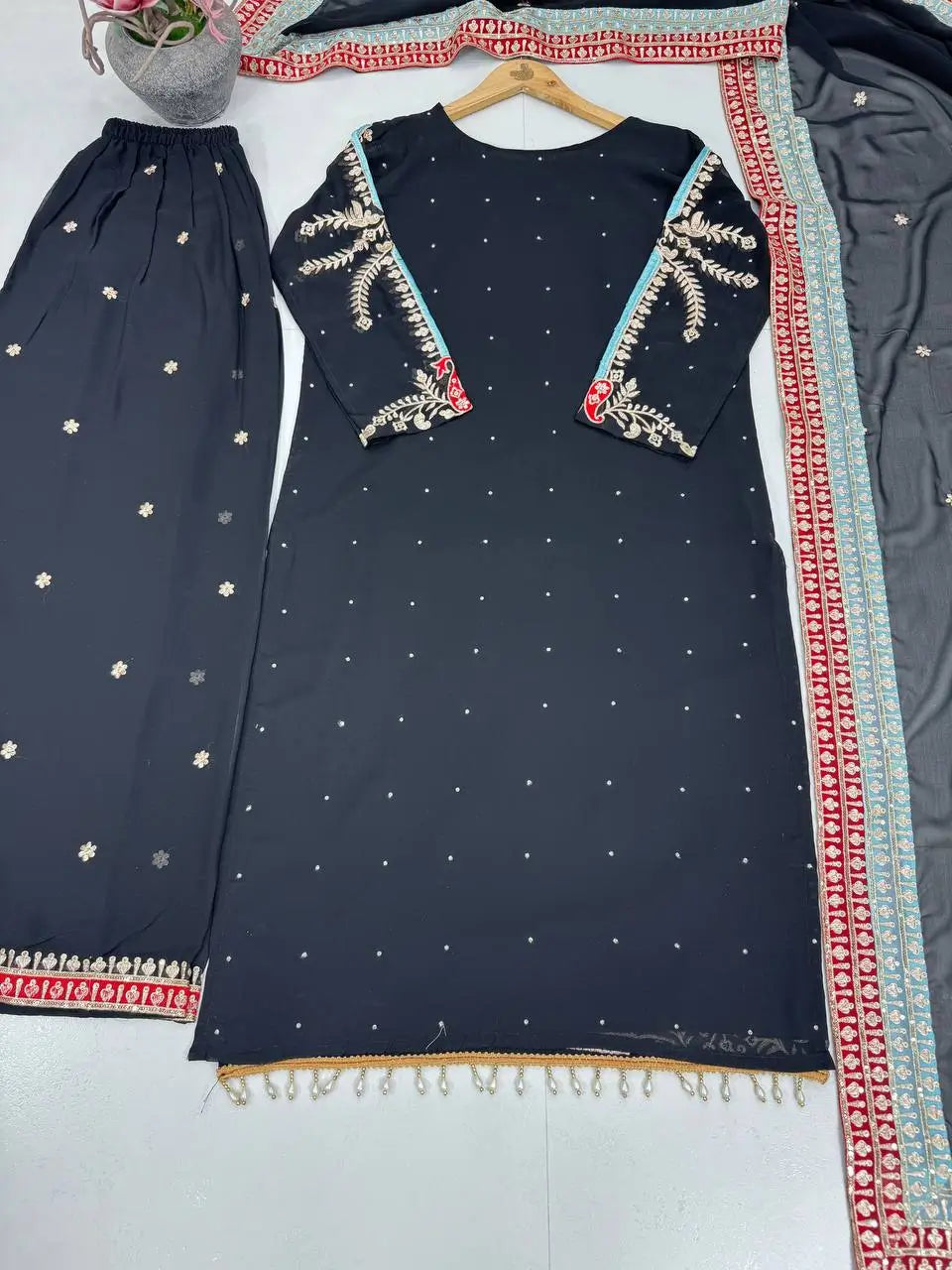 Embroidered Georgette Suit with Mirror Work and Dupatta