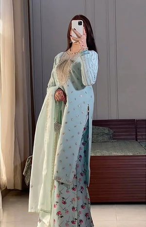 Embroidered Georgette Suit with Printed Palazzo and Dupatta