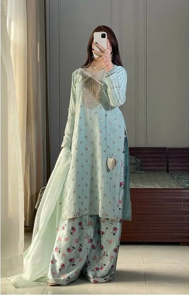 Embroidered Georgette Suit with Printed Palazzo and Dupatta