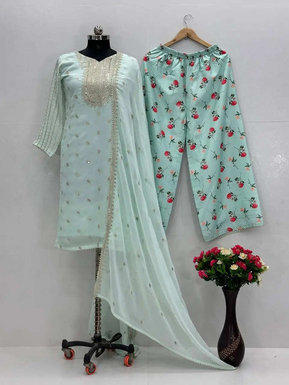 Embroidered Georgette Suit with Printed Palazzo and Dupatta