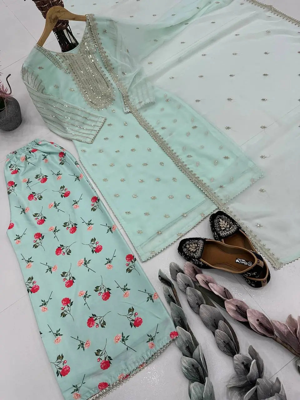 Embroidered Georgette Suit with Printed Palazzo and Dupatta