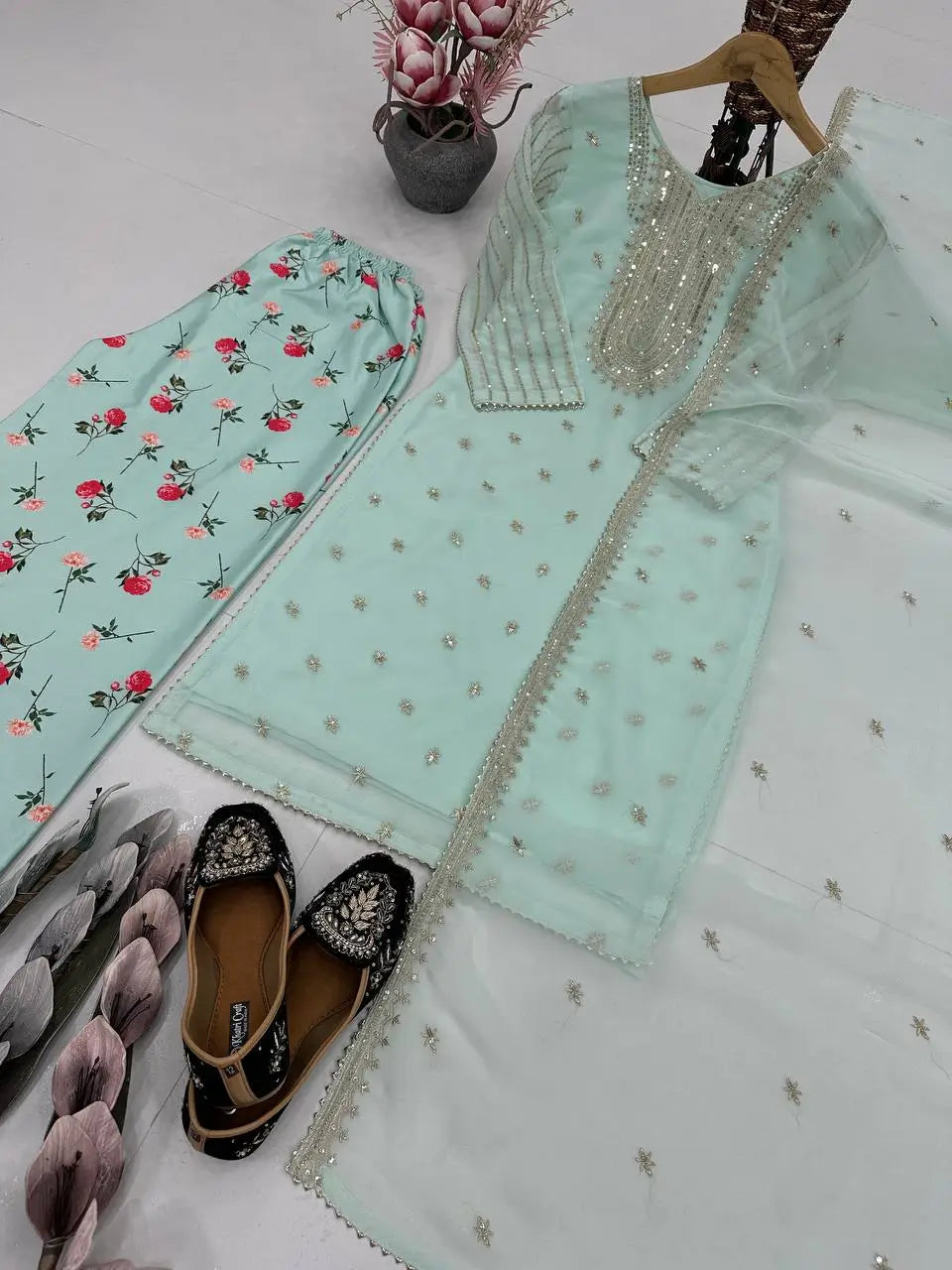 Embroidered Georgette Suit with Printed Palazzo and Dupatta