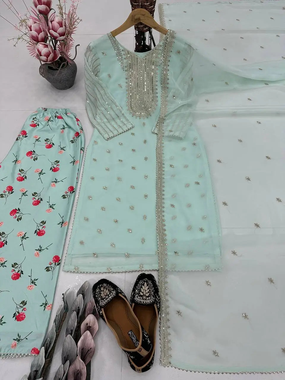 Embroidered Georgette Suit with Printed Palazzo and Dupatta
