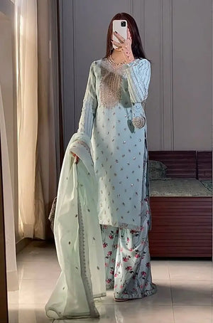 Embroidered Georgette Suit with Printed Palazzo and Dupatta
