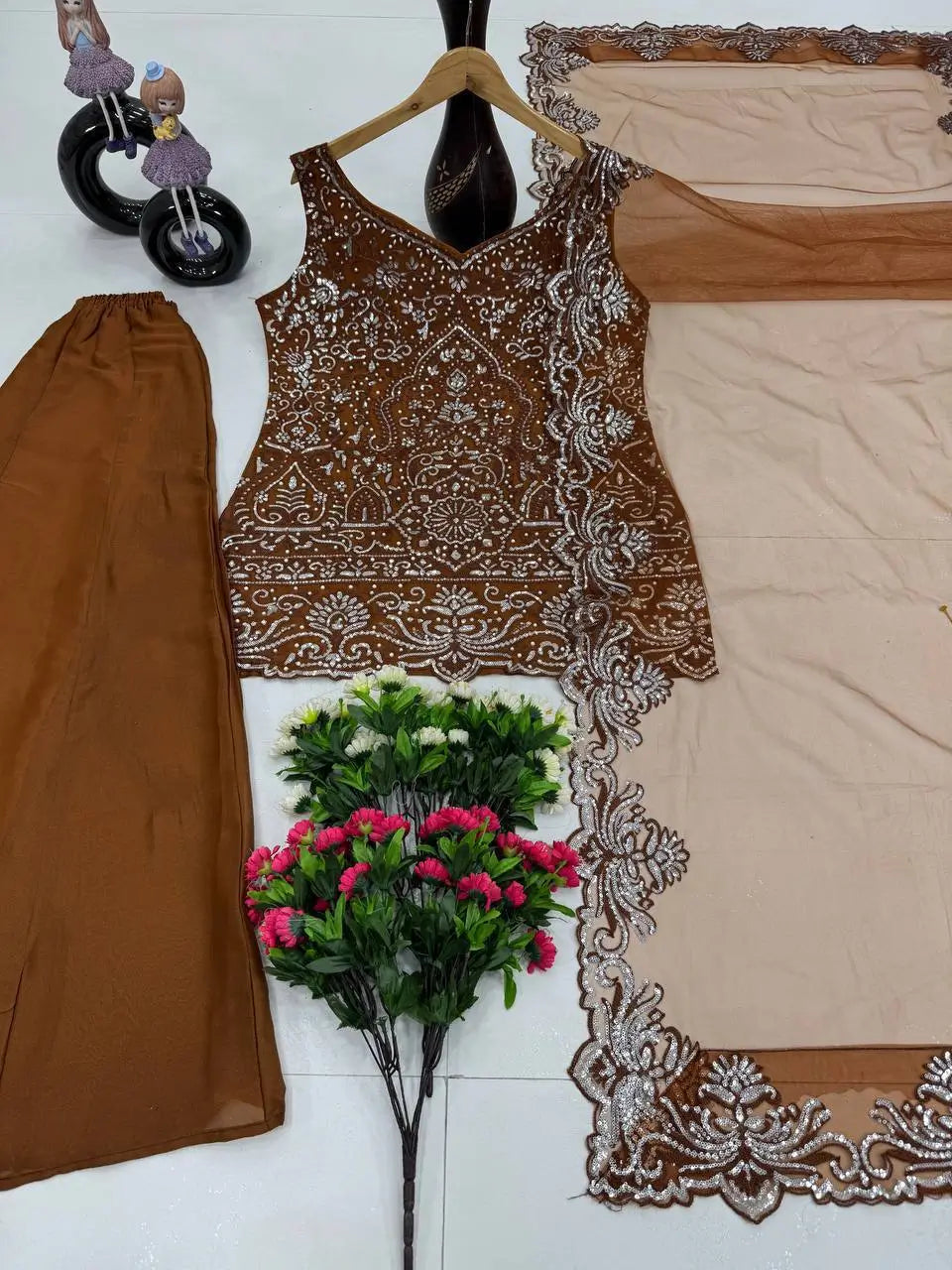 Embroidered Georgette Top Palazzo Set