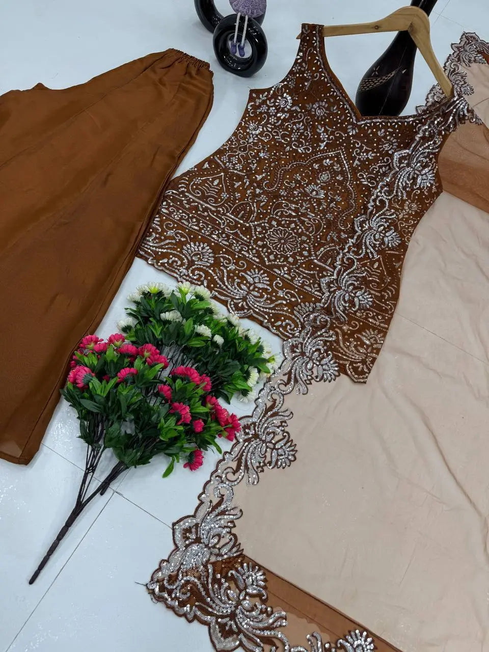Embroidered Georgette Top Palazzo Set