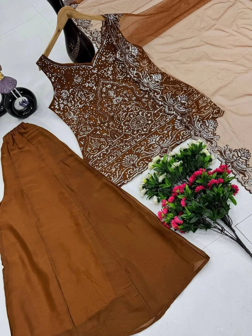 Embroidered Georgette Top Palazzo Set