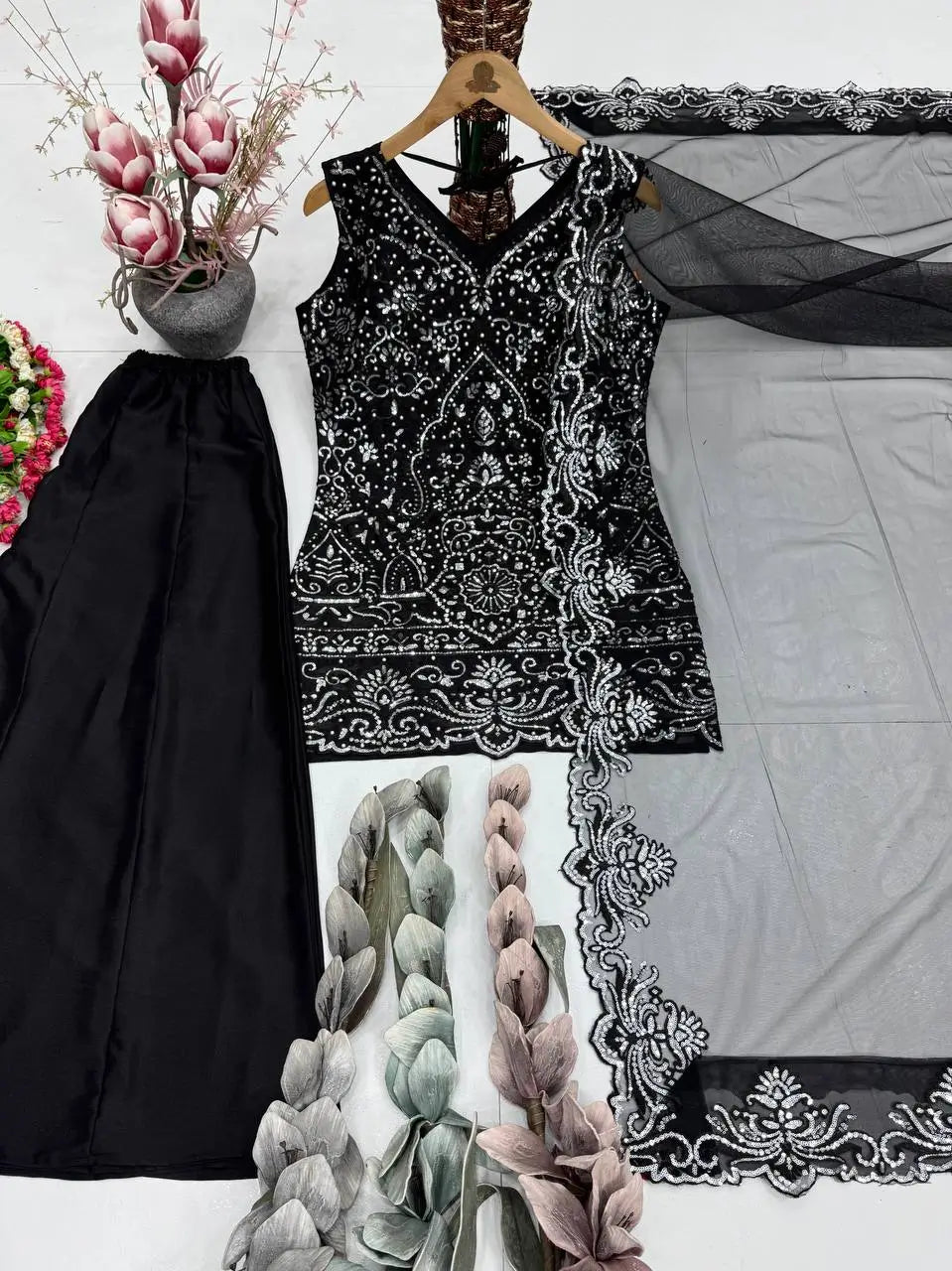 Embroidered Georgette Top Palazzo Set