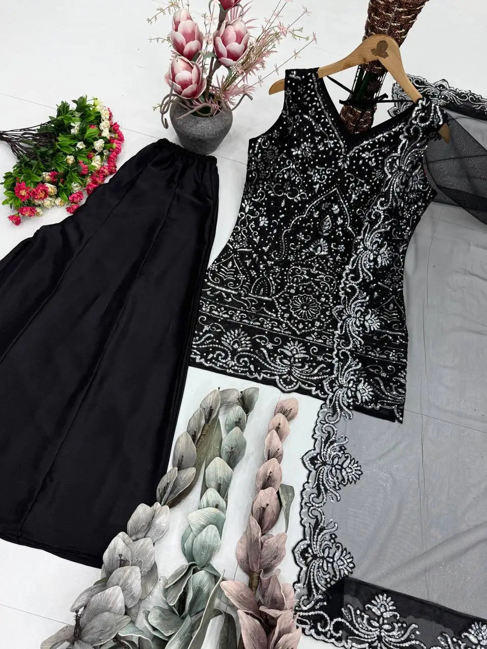 Embroidered Georgette Top Palazzo Set