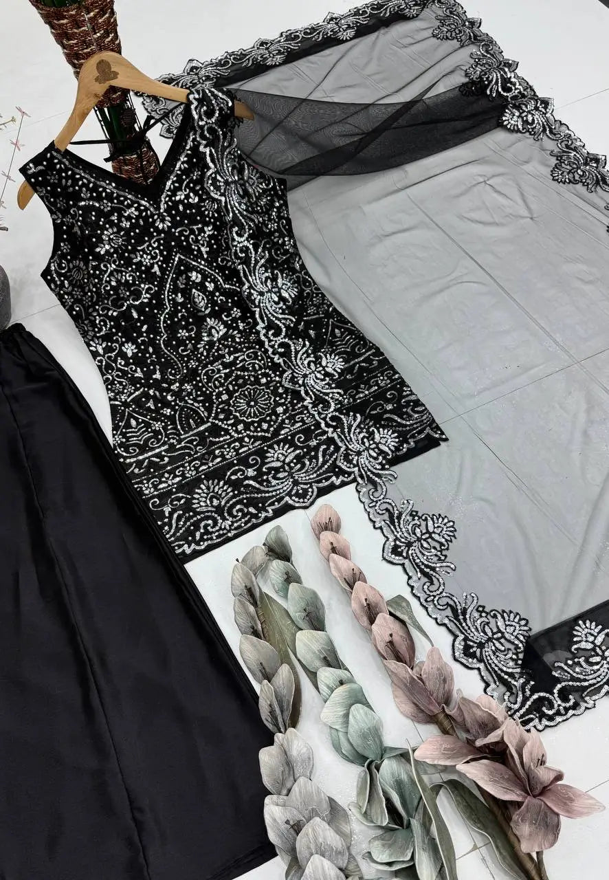 Embroidered Georgette Top Palazzo Set