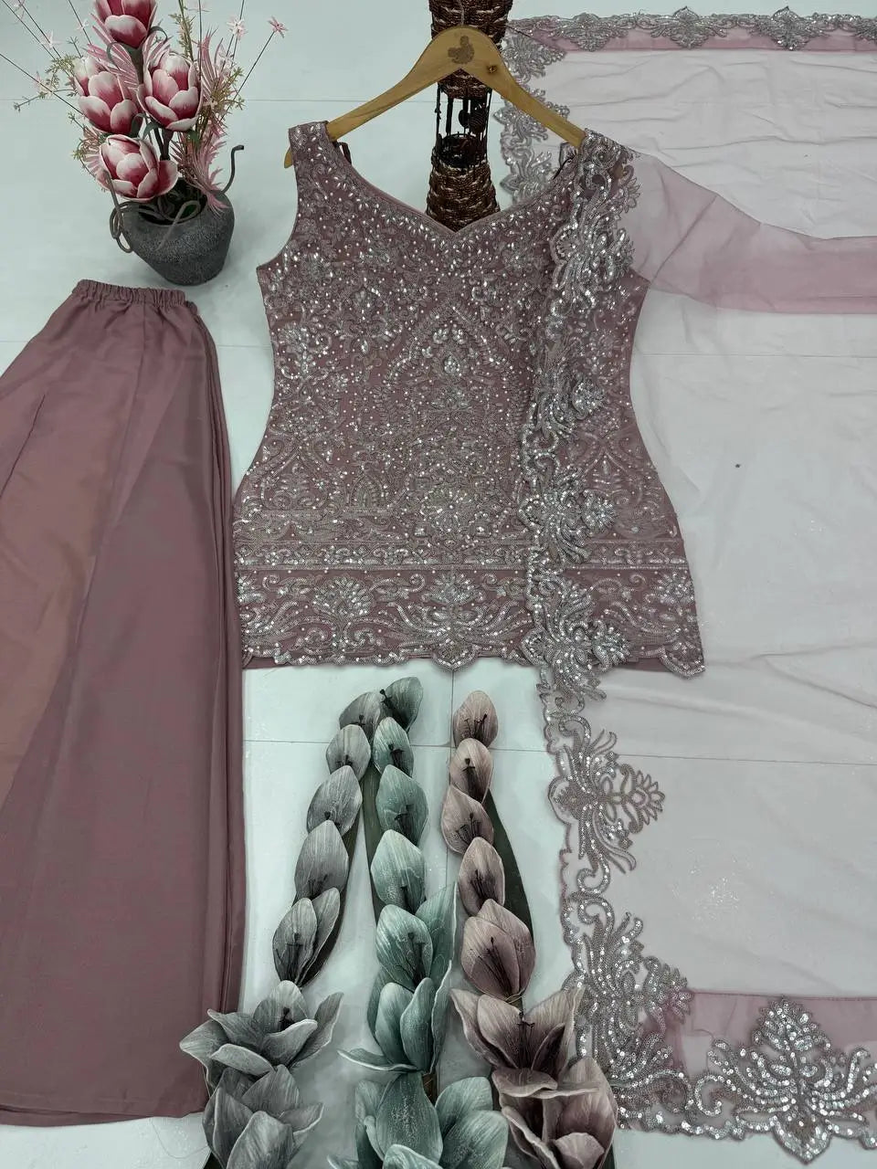 Embroidered Georgette Top Palazzo Set