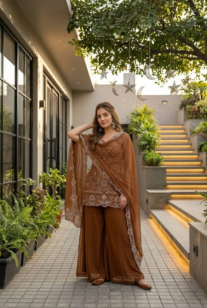 Embroidered Georgette Top Palazzo Set