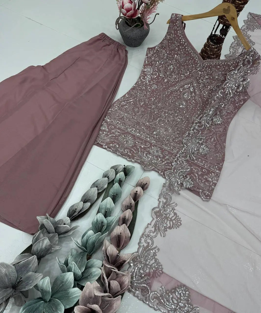 Embroidered Georgette Top Palazzo Set