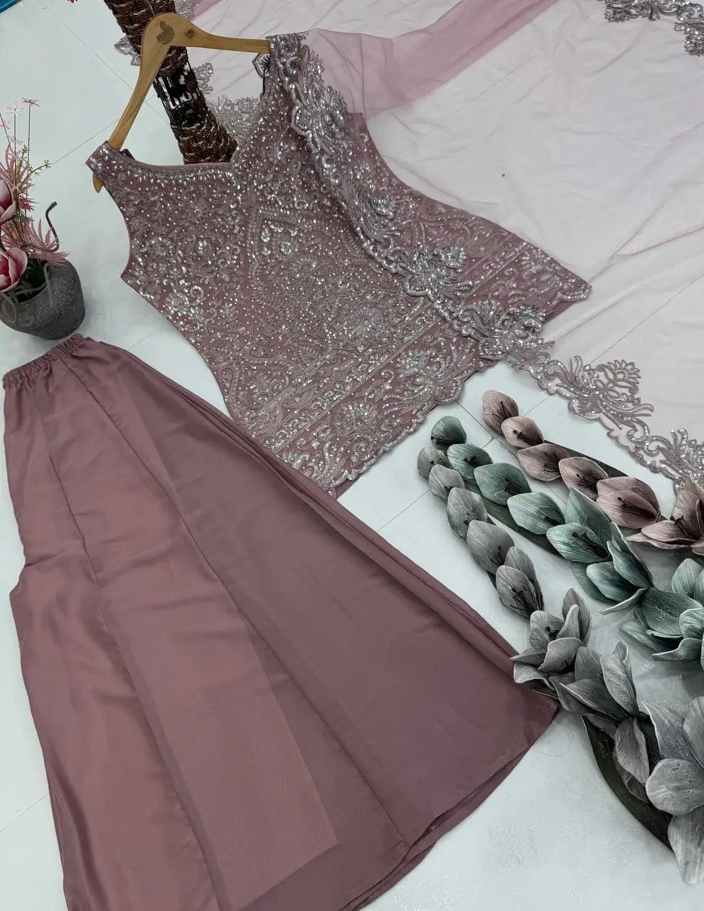 Embroidered Georgette Top Palazzo Set