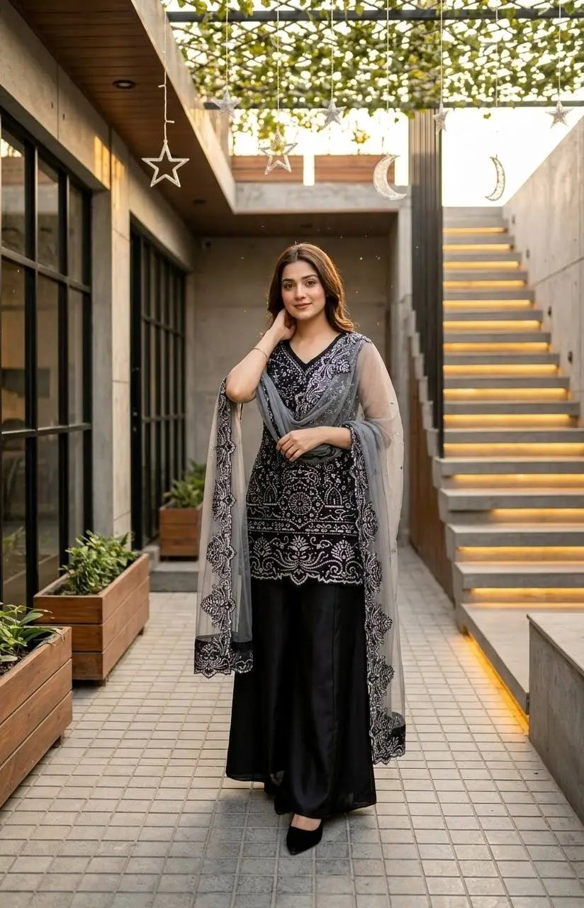 Embroidered Georgette Top Palazzo Set