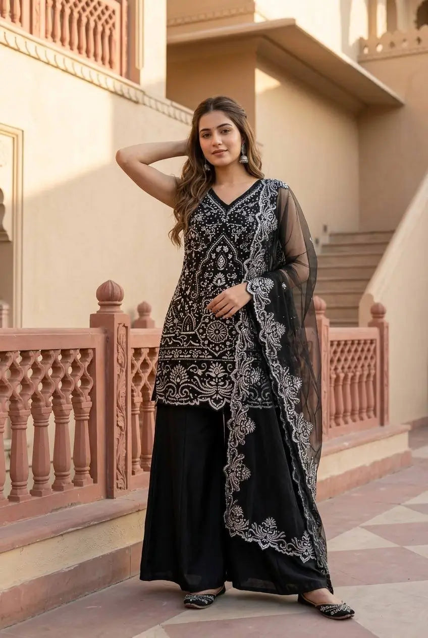 Embroidered Georgette Top Palazzo Set