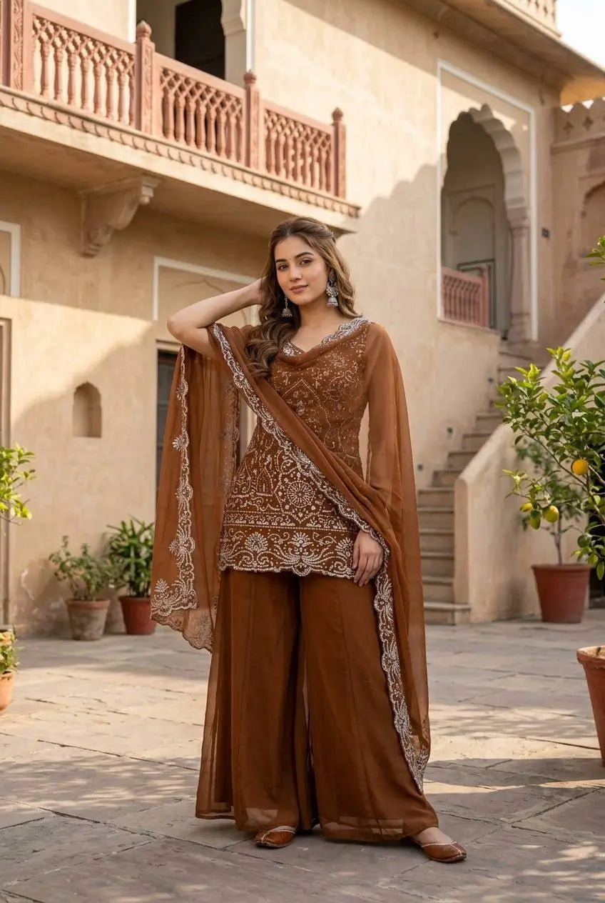 Embroidered Georgette Top Palazzo Set