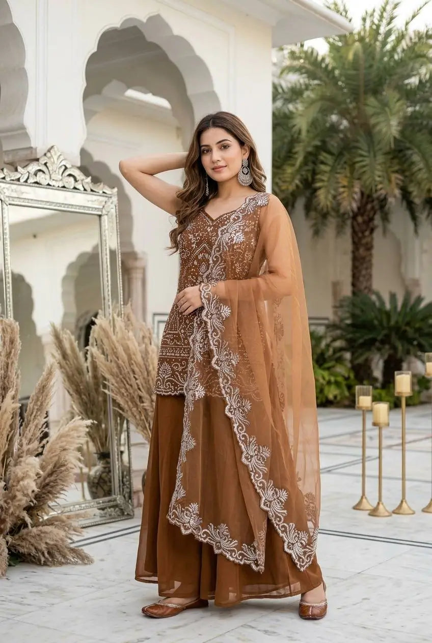 Embroidered Georgette Top Palazzo Set
