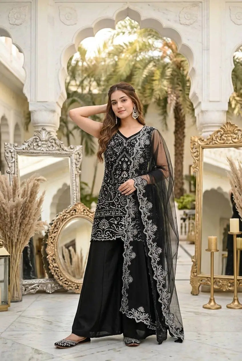 Embroidered Georgette Top Palazzo Set