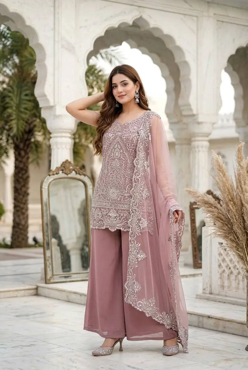 Embroidered Georgette Top Palazzo Set