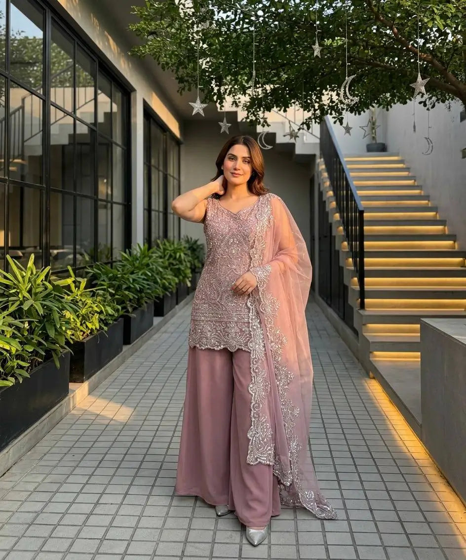 Embroidered Georgette Top Palazzo Set