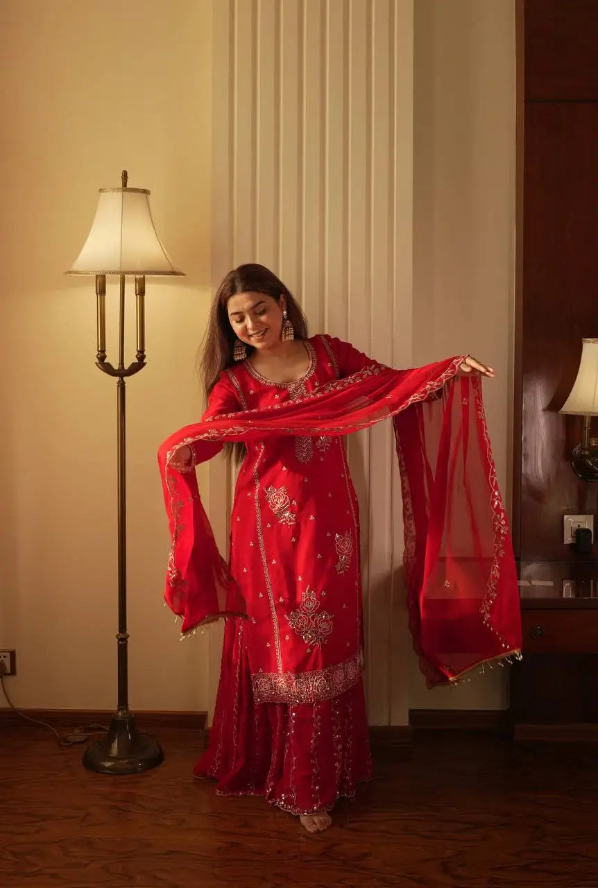 Embroidered Gharara Suit Set for Festive and Family Occasions