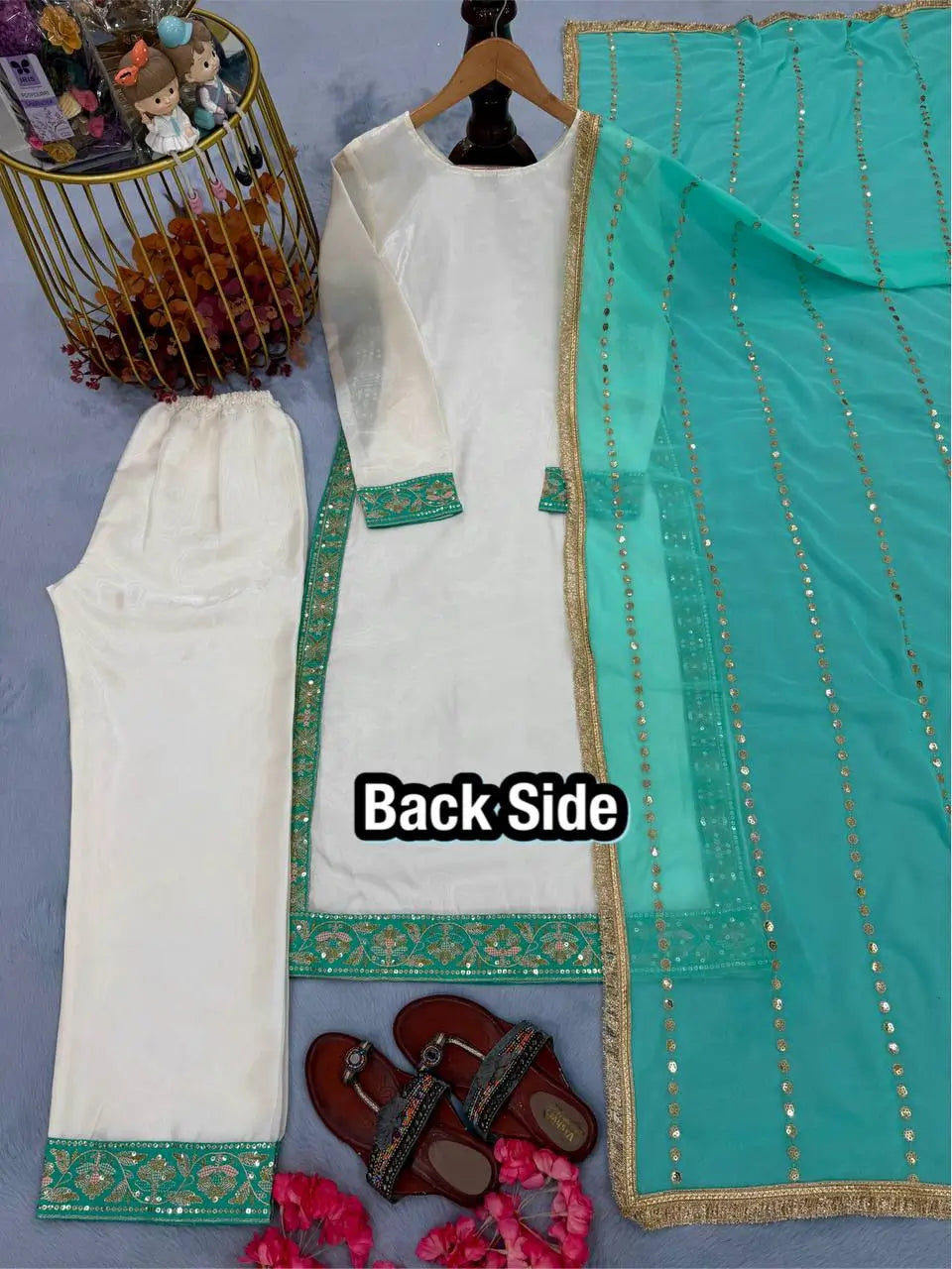 Embroidered Gmy Silk Kurta Palazzo Set with Dupatta