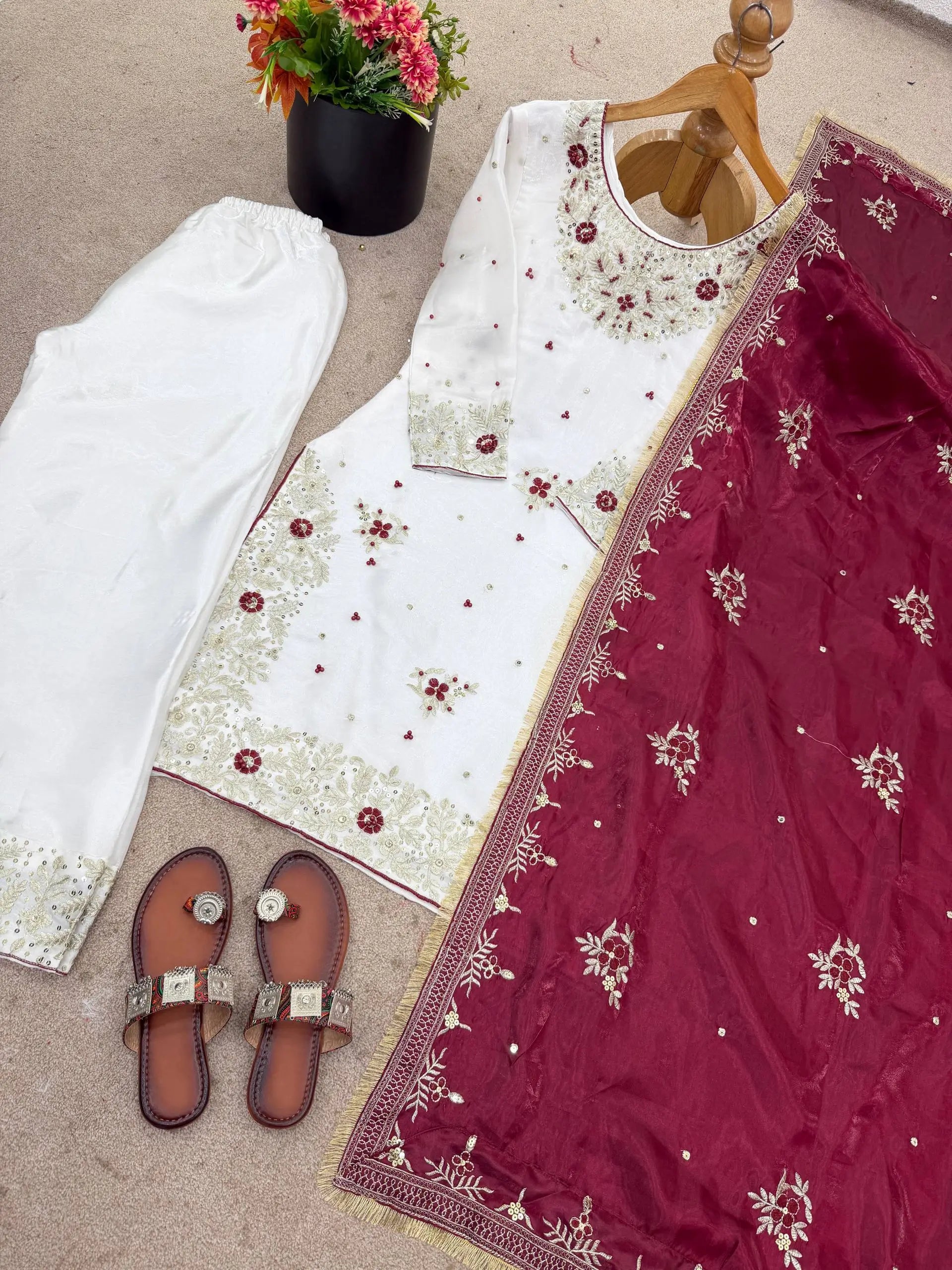 Embroidered Gmy Silk Kurta Palazzo Set with Dupatta