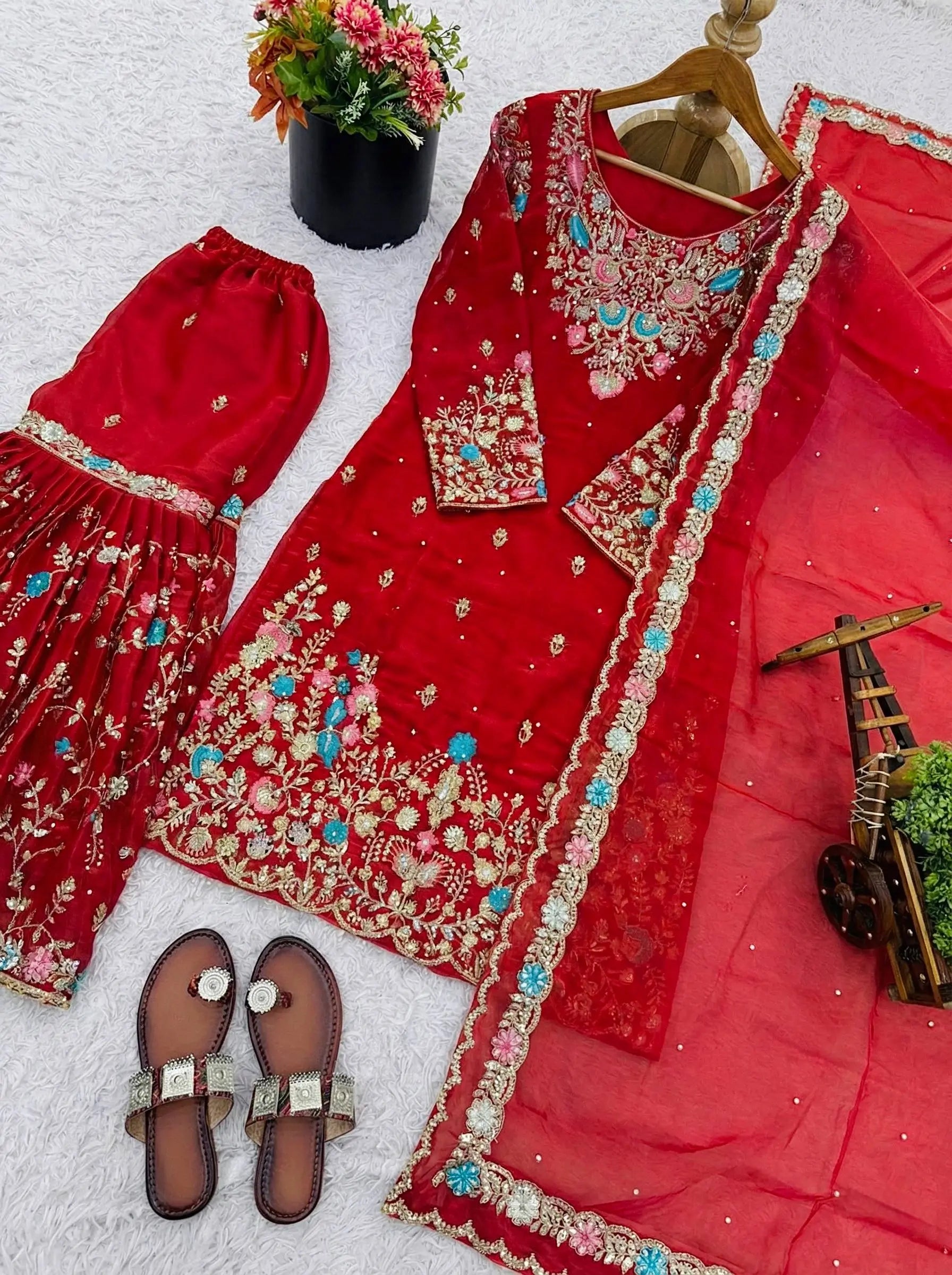 Embroidered Gmy Silk Kurta Palazzo Set with Dupatta