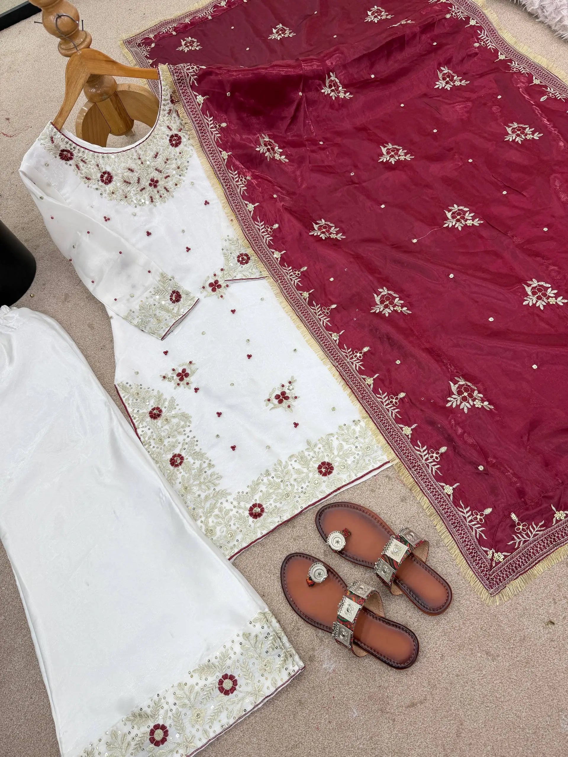 Embroidered Gmy Silk Kurta Palazzo Set with Dupatta