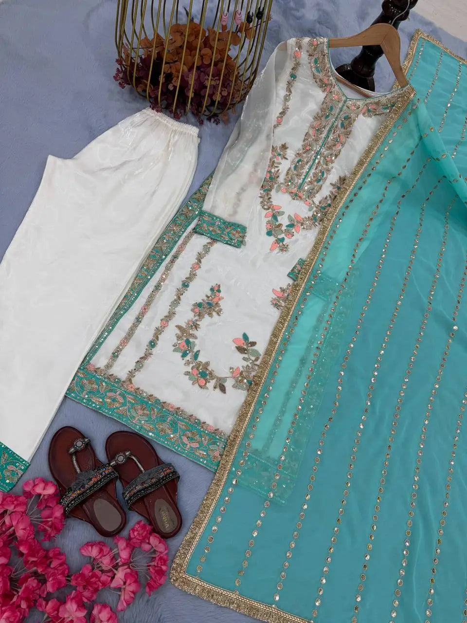 Embroidered Gmy Silk Kurta Palazzo Set with Dupatta