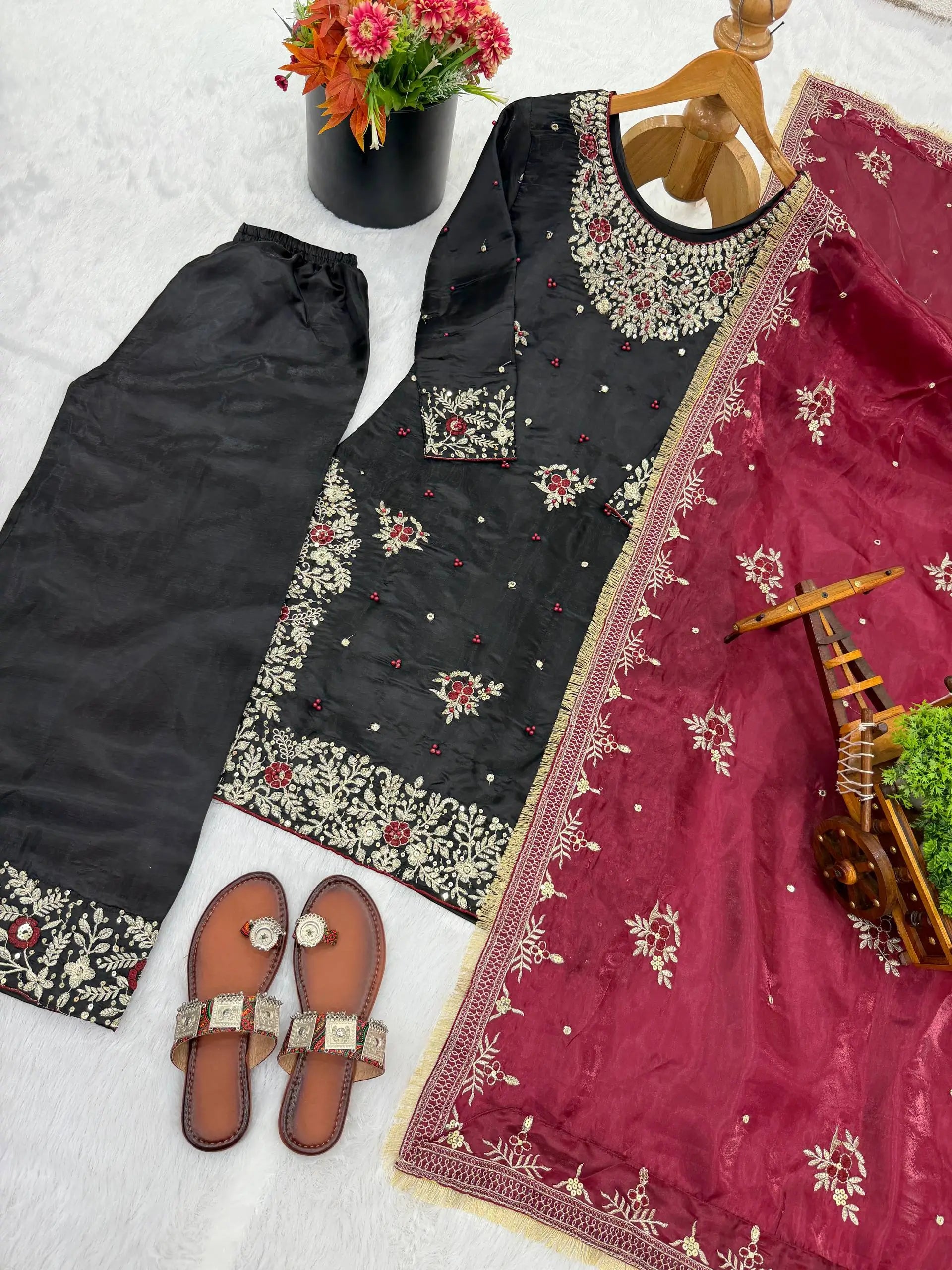 Embroidered Gmy Silk Kurta Palazzo Set with Dupatta