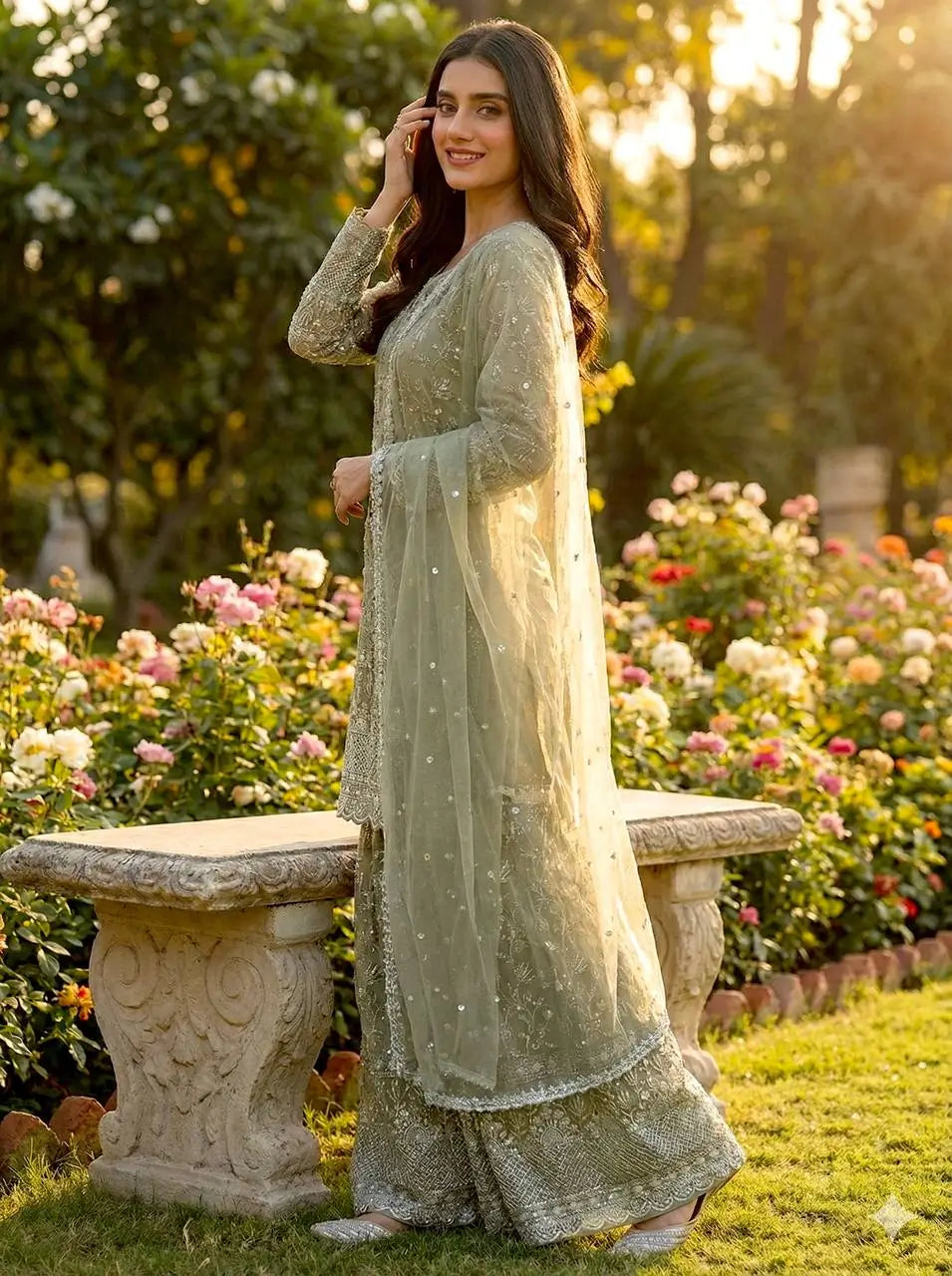 Embroidered Gmy Silk Kurta Palazzo Set with Dupatta