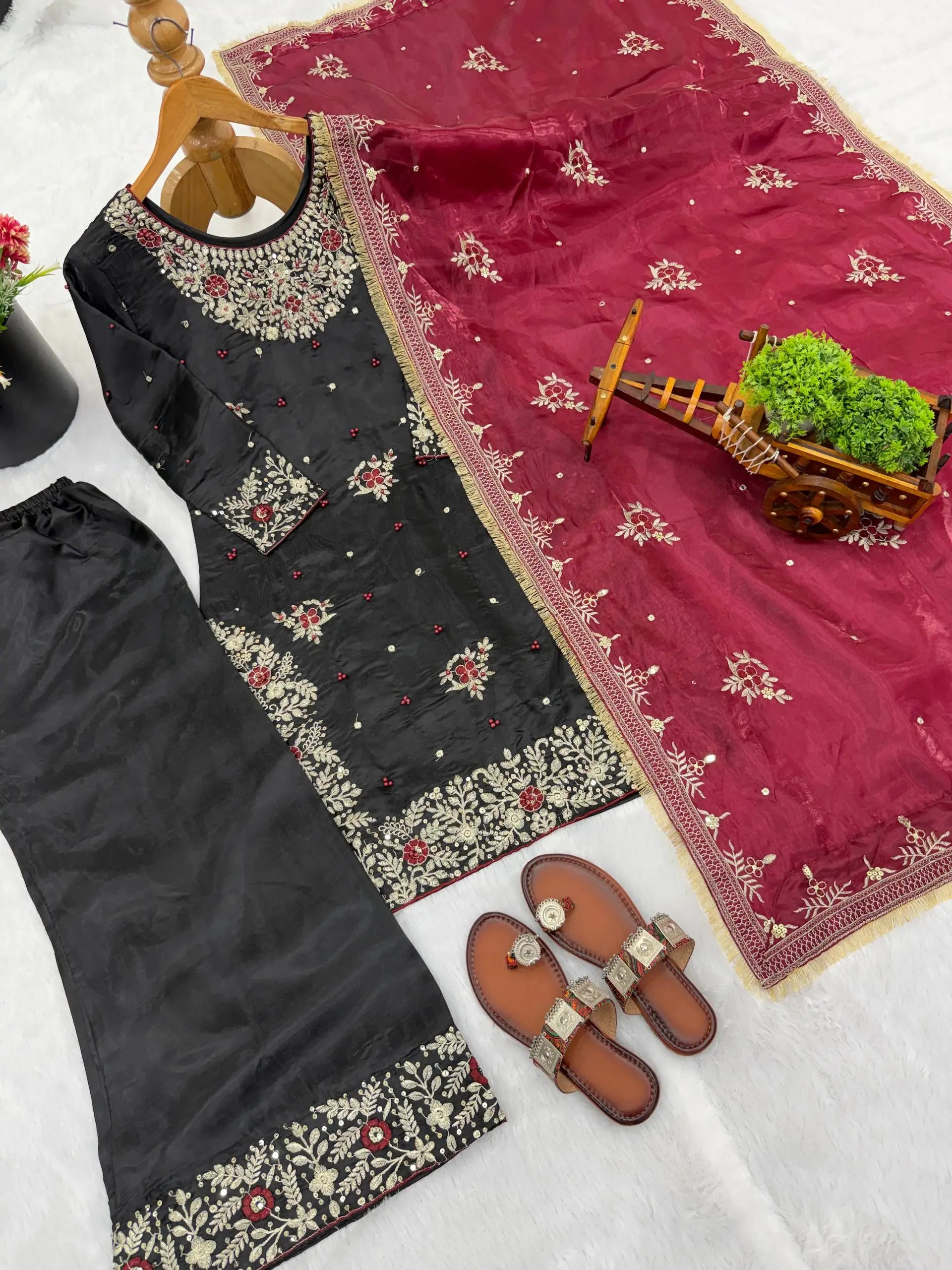 Embroidered Gmy Silk Kurta Palazzo Set with Dupatta