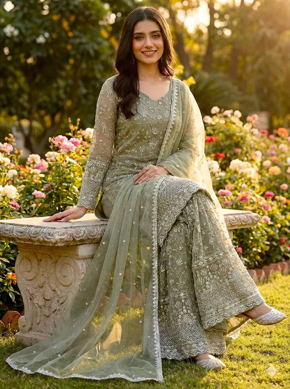 Embroidered Gmy Silk Kurta Palazzo Set with Dupatta