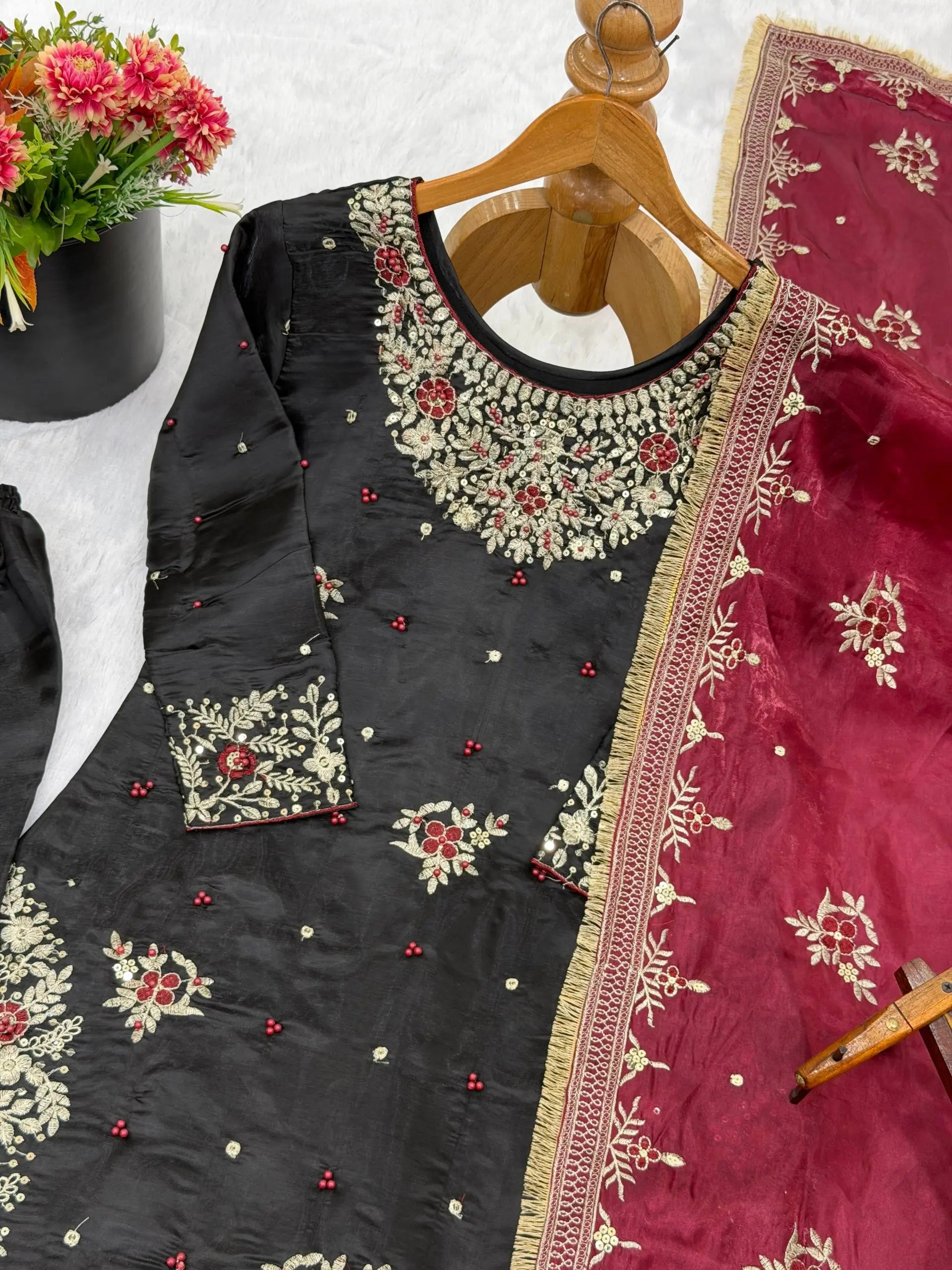 Embroidered Gmy Silk Kurta Palazzo Set with Dupatta