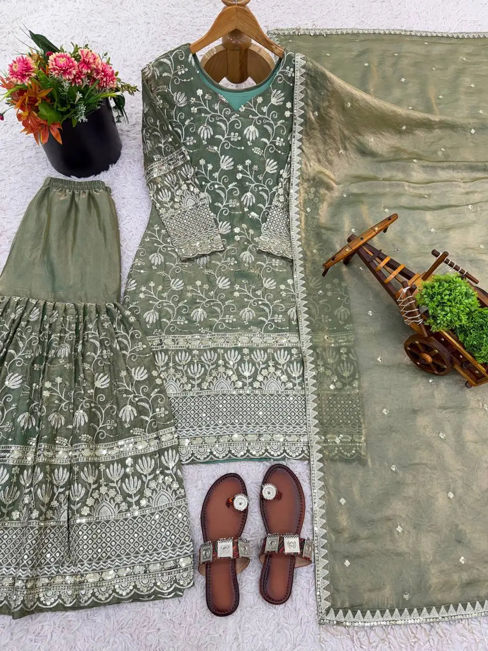 Embroidered Gmy Silk Kurta Palazzo Set with Dupatta