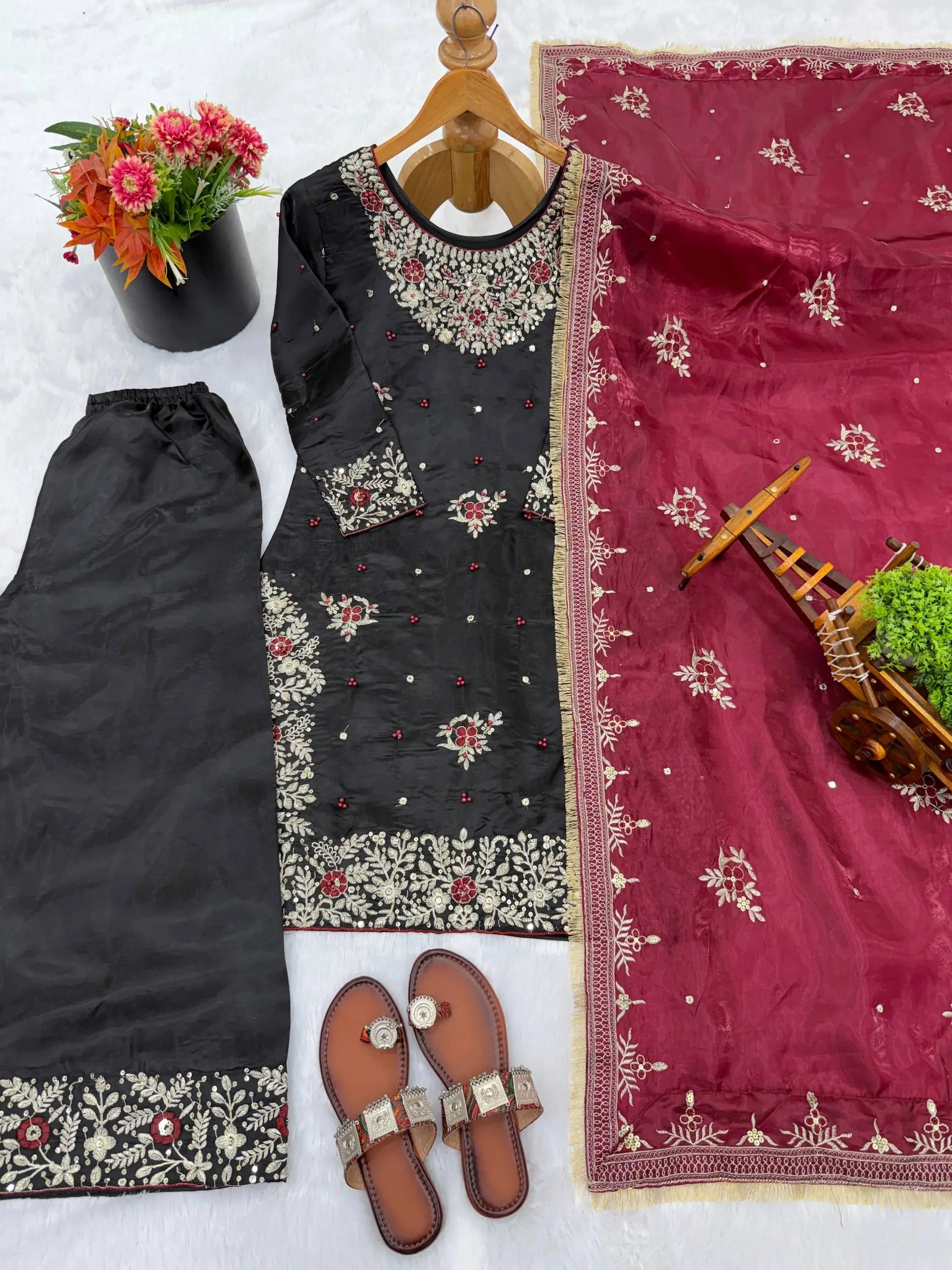 Embroidered Gmy Silk Kurta Palazzo Set with Dupatta